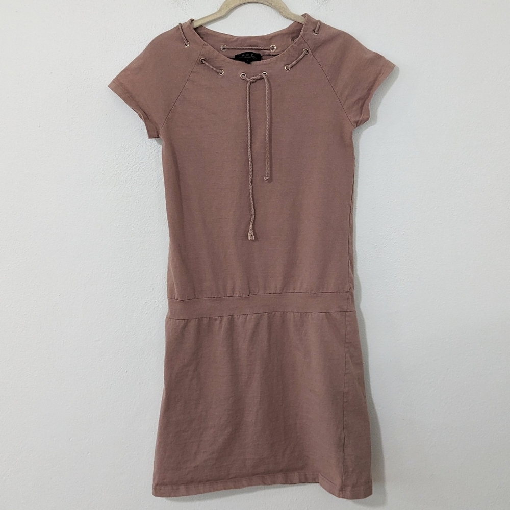 A.P.C Rope Tie Neckline T-Shirt Mini Dress Short Sleeve Brown Size Small S